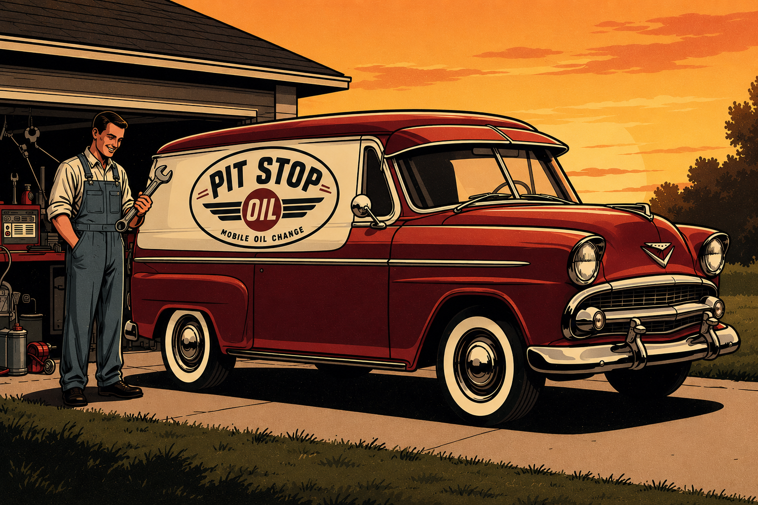 Vintage red mobile oil change van parked in a driveway